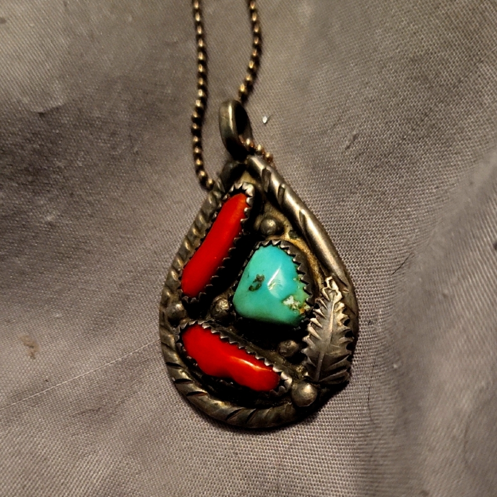 Vintage Zuni Pendant  By Angelita Cheama w/Red Coral Turquoise Accents In SS